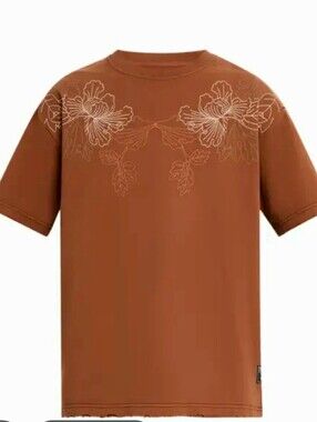 PRPS Men's Okinawa Floral Embroidered T-Shirt in rust brown.